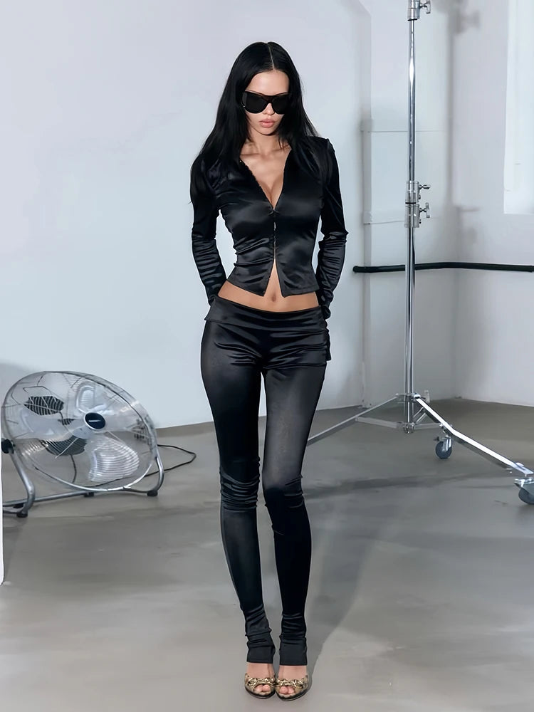 Smooth 2-Piece Set Women Single Row Hidden Buttons Lapel Full Sleeve Crop Tops+Simple Classic Pant Midnigt Slim Suit