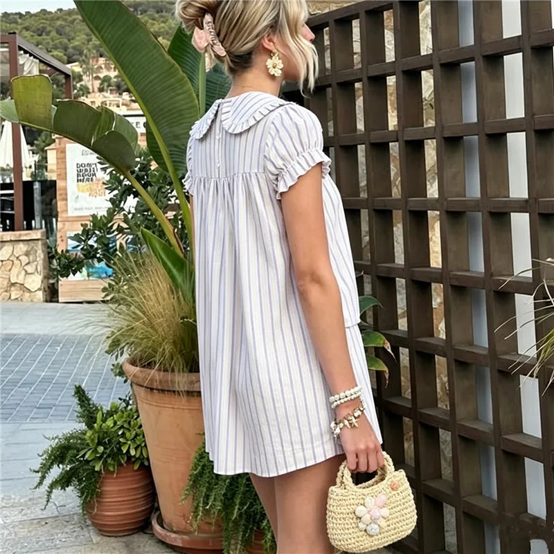 Cute Ruffle Collar Polka Dot/Striped Dress Women's Short Puff Sleeve Loose A-Line Casual Mini Sundress Summer Streetwear