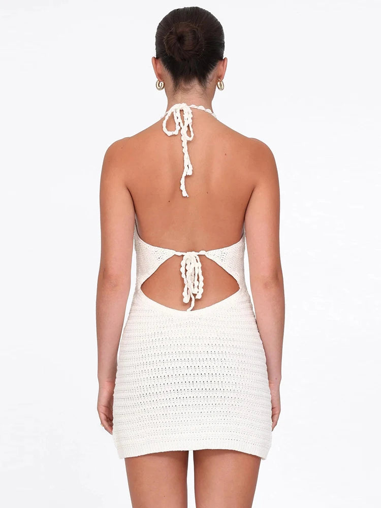 See Through Dress Women Hollow Knit Halter Patchwork Lace-Up Backless Sleeveless Midnight Club Party Mini Bodycon