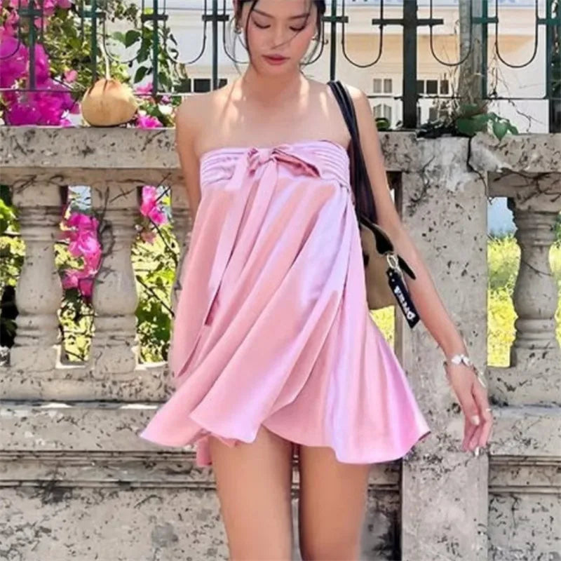 Satin Strapless Bow Mini Dress Women Elegant Ruched Tube Top A Line Dress for Summer Vacation Party Wedding Guest