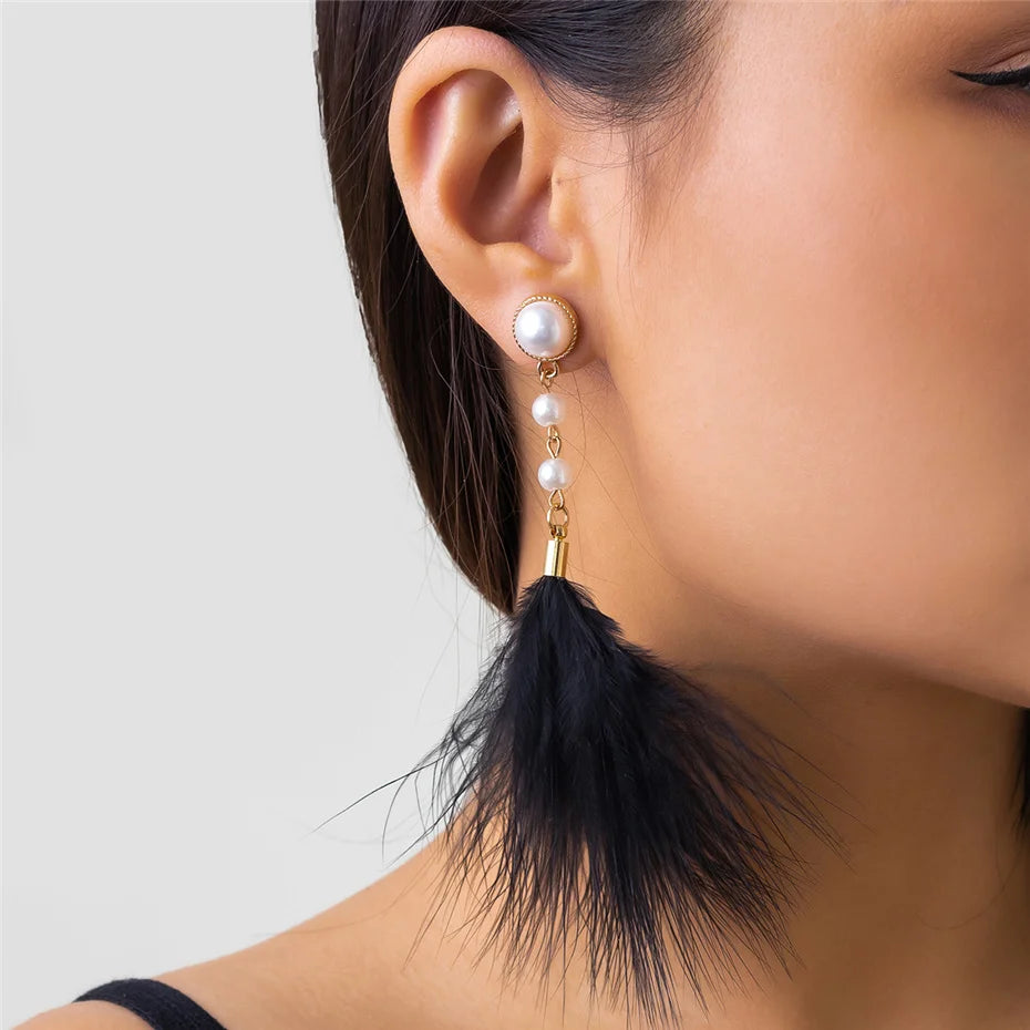 Romantic Long Tassel Fluffy Feather Drop Earrings for Women Wed Elegant Boho Imitation Pearl Dangle Earring Y2K Jewelry