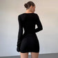 Hardwear Detail Deep V Long Sleeve Dresses Sexy Black Mini Dress Trending Women Clothing 2025 New Arrivals