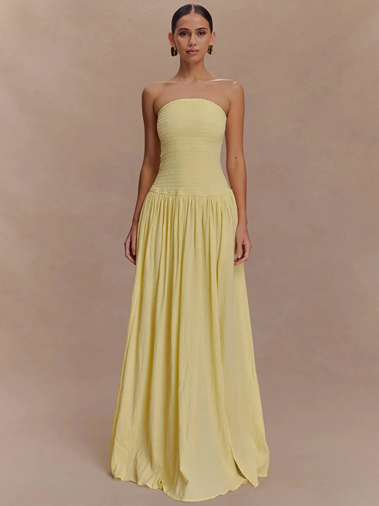Off-shoulder Strapless Sexy Maxi Dress Women Elegant Sleeveless Backless Thigh High Split Pleated Club Party Long Dress