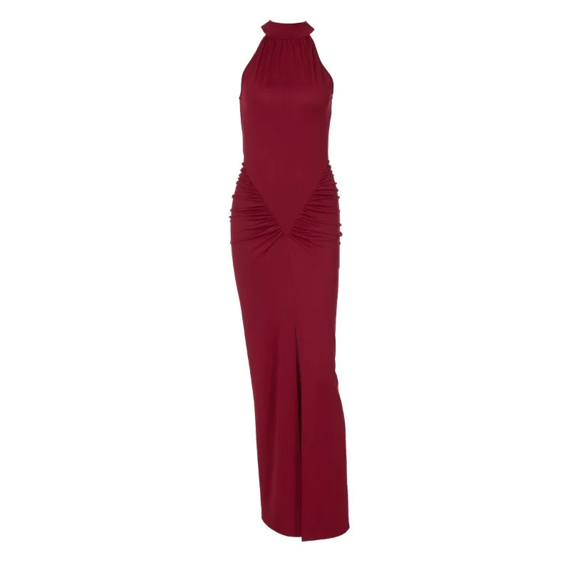 Sleeveless Ruched Split Maxi Dress Black Burgundy Elegant Evening Dresses Woman Sexy Club Outfit for Womens