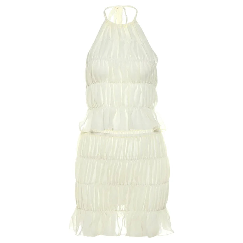 Cute 2 Piece Sets Woman Summer Outfits Chiffon Sheer Smocked Mini Skirt and Backless Halter Top