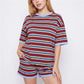Striped Two Piece Outfit Women Contrast Trim Oversized Short Sleeve Tee And Elastic Waist Shorts Casual Loungewear Set