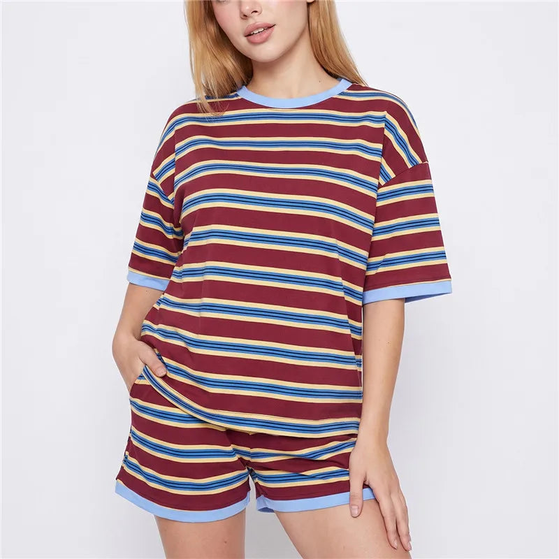 Striped Two Piece Outfit Women Contrast Trim Oversized Short Sleeve Tee And Elastic Waist Shorts Casual Loungewear Set