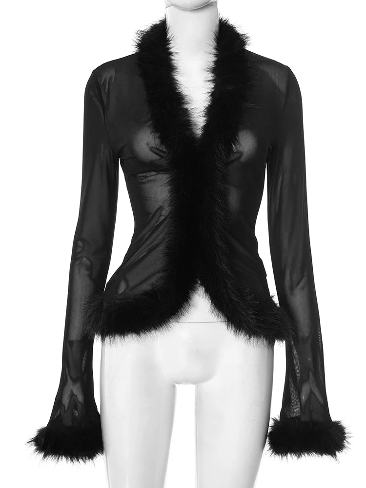 Sexy See Through Cardigan Tops Women Fluff Patchwork Skinny Full Sleeve Navel Exposed Hottie Wild Style Streetwear