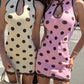 Hollow Stand-Up Collar Dress Women Polka Dot Print Patchwork Lace Sleeveless Skinny Street Summer Party Mini Bodycon