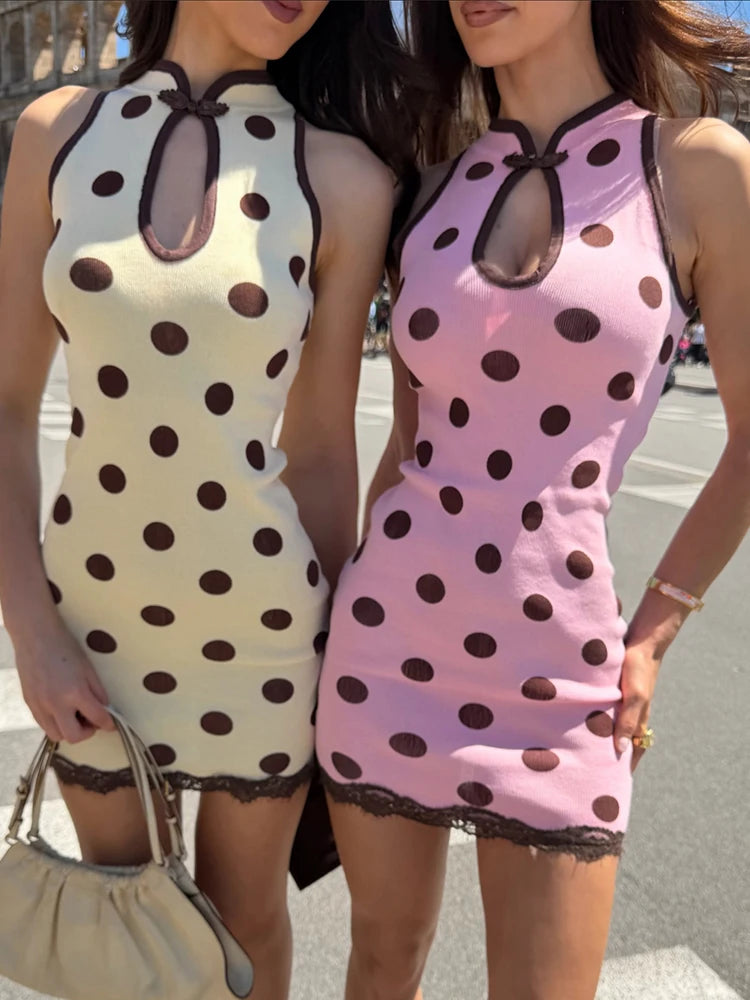 Hollow Stand-Up Collar Dress Women Polka Dot Print Patchwork Lace Sleeveless Skinny Street Summer Party Mini Bodycon
