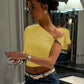 Fashion Summer T Shirts for Woman Hardwear Detail One Shoulder Ruched Asymmetrical Crop Tops