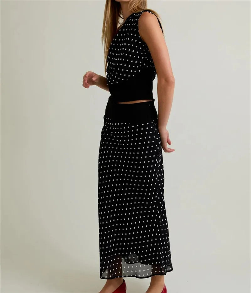 Women's 2 Piece Skirt Outfits Off One Shoulder Y2K Dots Print Tank Tops and Long Skinny Skirt Set Summer Party Clubwear