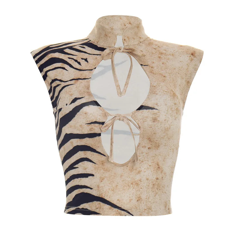 Print Stand Collar Tie Front Hollow Sleeveless Crop Tops Y2k Streetwear 2026 Summer Women Graphic T Shirts