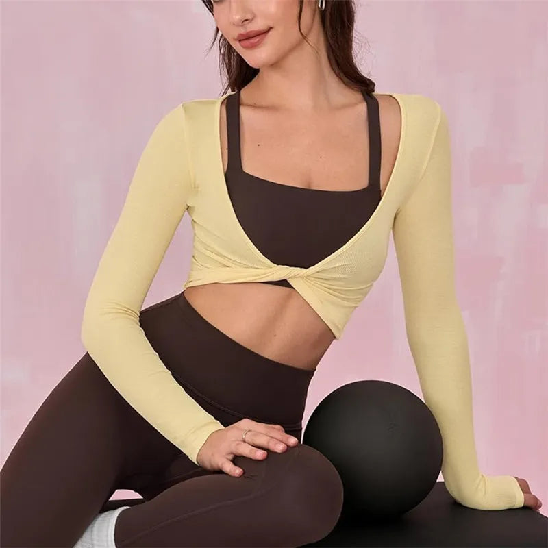 Womens Workout Tops Long Sleeve Deep V Neck Solid Color Twist Front Slim Fit Cropped Shirts for Gym Yoga Ballet Pilates