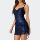 Sexy Women's Sparkle Sequin Mini Dress Party Night Sleeveless Spaghetti Strap Cowl Neck Bodycon Dress Rave Clubwear