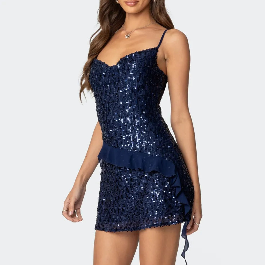 Sexy Women's Sparkle Sequin Mini Dress Party Night Sleeveless Spaghetti Strap Cowl Neck Bodycon Dress Rave Clubwear