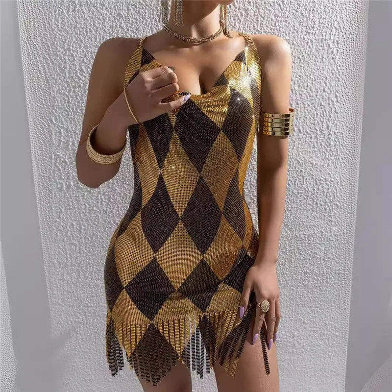 Women Rhombus Sparkly Rhinestone Mesh Mini Dress Chain Halter Backless Fringe Hem Bodycon Dress Nightclub Party Clubwear