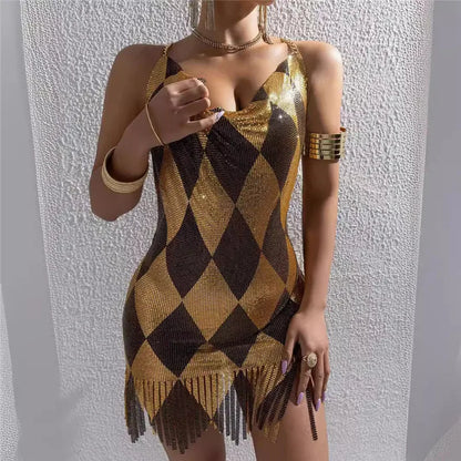 Women Rhombus Sparkly Rhinestone Mesh Mini Dress Chain Halter Backless Fringe Hem Bodycon Dress Nightclub Party Clubwear