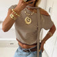 Women T Shirts Brown Striped Asymmetrical One Shoulder Short Sleeve Crop Tops Summer Clothes 2026
