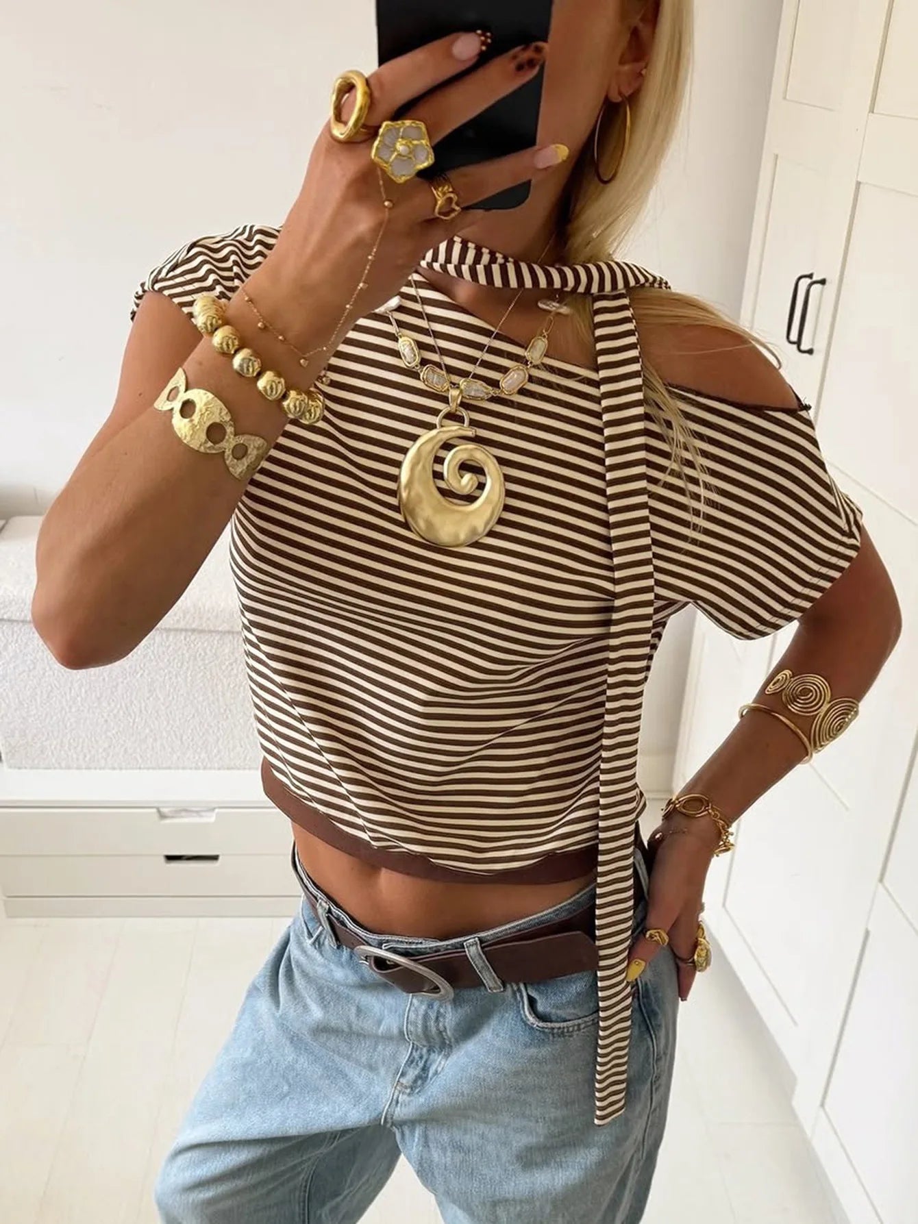 Women T Shirts Brown Striped Asymmetrical One Shoulder Short Sleeve Crop Tops Summer Clothes 2026