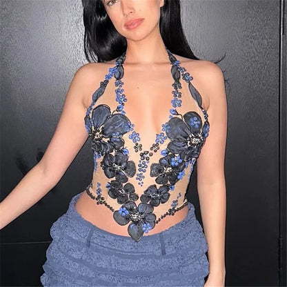 Women's Y2K Floral Sheer Halter Top Sleeveless Tie Backless Camisole Sexy See Through Flower Embroidered Tank Tops
