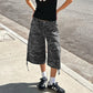 Women Camo Print Cargo Capri Shorts Y2K Baggy Wide Leg Multi Pockets Drawstring Hem Loose Streetwear Casual Bottoms