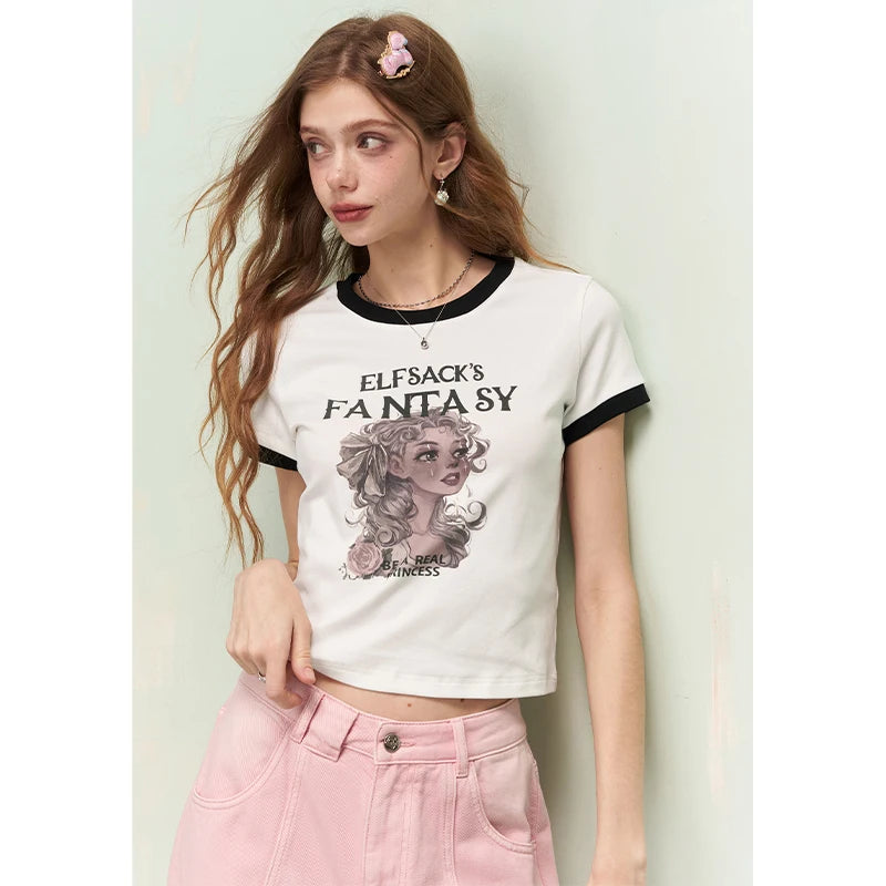 Fantasy Print T-Shirt Women, Sweet Gothic Streetwear Short Sleeve Top Cute Anime Graphic Tee