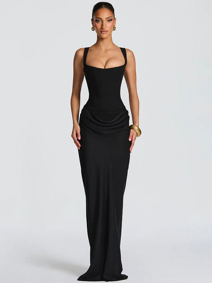 Elegant Backless Sexy Maxi Dress Women Gown Fashion Square Collar Sleeveless Skinny Ruched Club Party Long Dresses