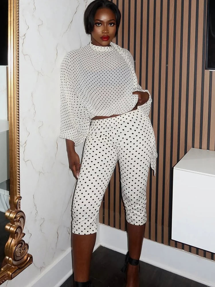 Sexy Polka Dot Print 2Piece Set Woman Oversize Style See Through Design Crop Tops+Skinny Shorts Club Party Style Suit