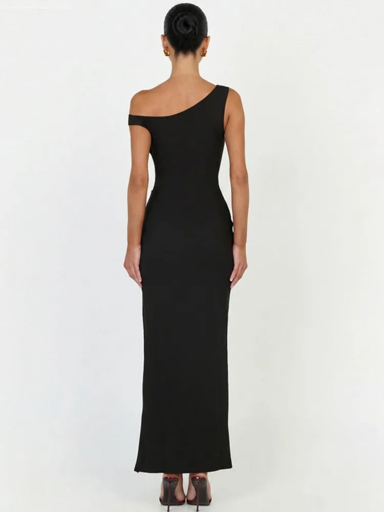 Asymmetric One Shoulder Sexy Maxi Dress Women Elegant Diagonal Collar Sleeveless Backless Cocktail Evening Party Dress