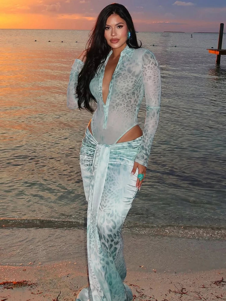 Leopard Print 2 Piece Set Women Sexy Y2K See Through Bodysuit+Ruched Ribbon Thick Skirts Matching Vacation Clubwear