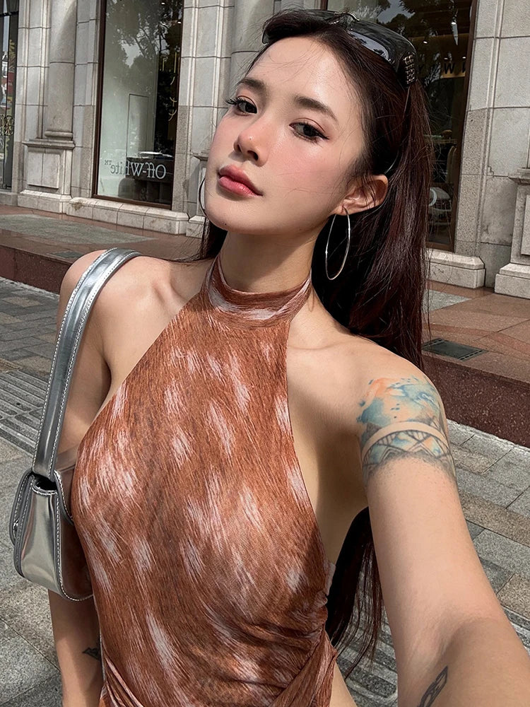 Lace-Up Tassel Tank Tops Women Y2K O-Neck Gradient Print Skinny Street Hip Hop Style Hottie Sexy Midnight Street Vest