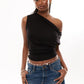 Asymmetrical One Shoulder Ruched Casual Draped Top Women Y2K Striped Off Shoulder T-Shirt Short Sleeve Cinched Waist Top