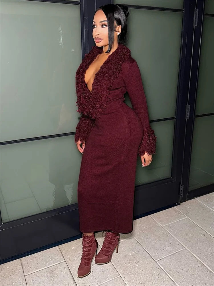 Christmas Knit Furry Patchwork Dress Women Deep V-Neck Sexy Elegant Party Winter Trend Stretch Classic Skinny Vestidos