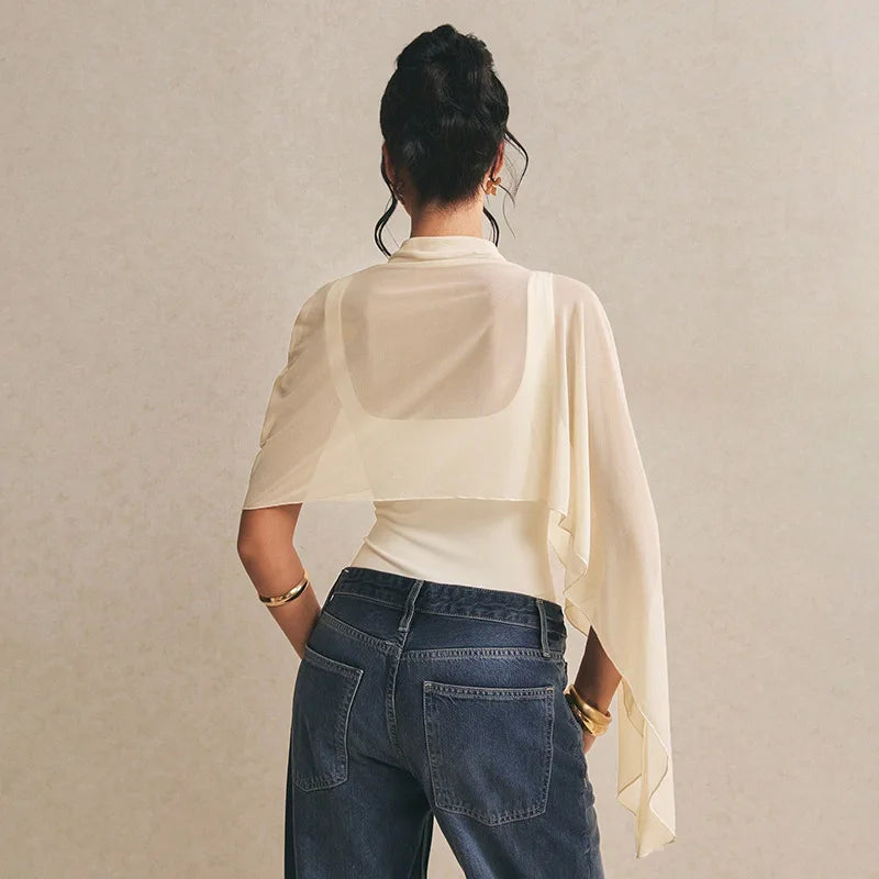 Seethru Mesh Asymmetric Shawl Sleeveless Bodysuits Elegant Woman Clothing 2026 Summer Tops