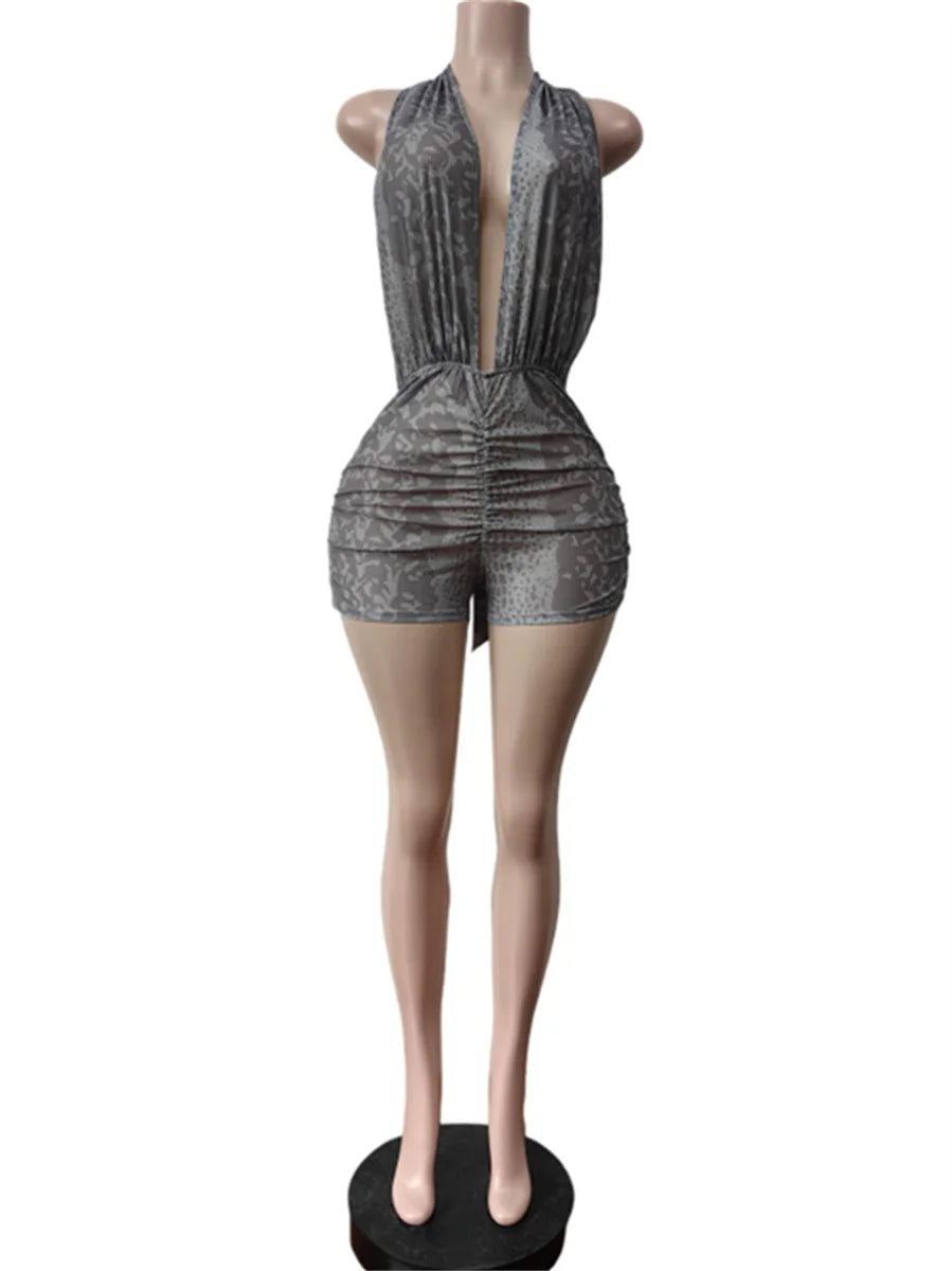 Leopard Print Halter Mesh Romper Women Trend Wild Backless Bandages Deep V-Neck Ruched Patchwork Chic Party Clubwear