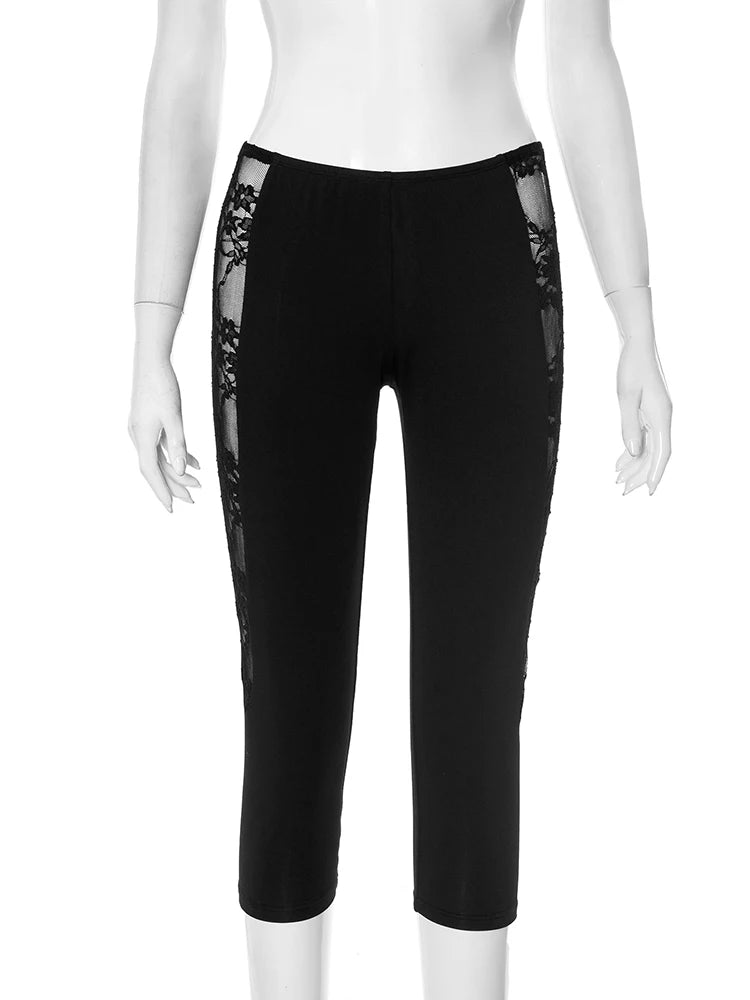 Mesh Patchwork Pants Women Midnight Sexy Elastic Waist Skinny Bottoms Hot Girls Club Party Hipster Coquett Outfits