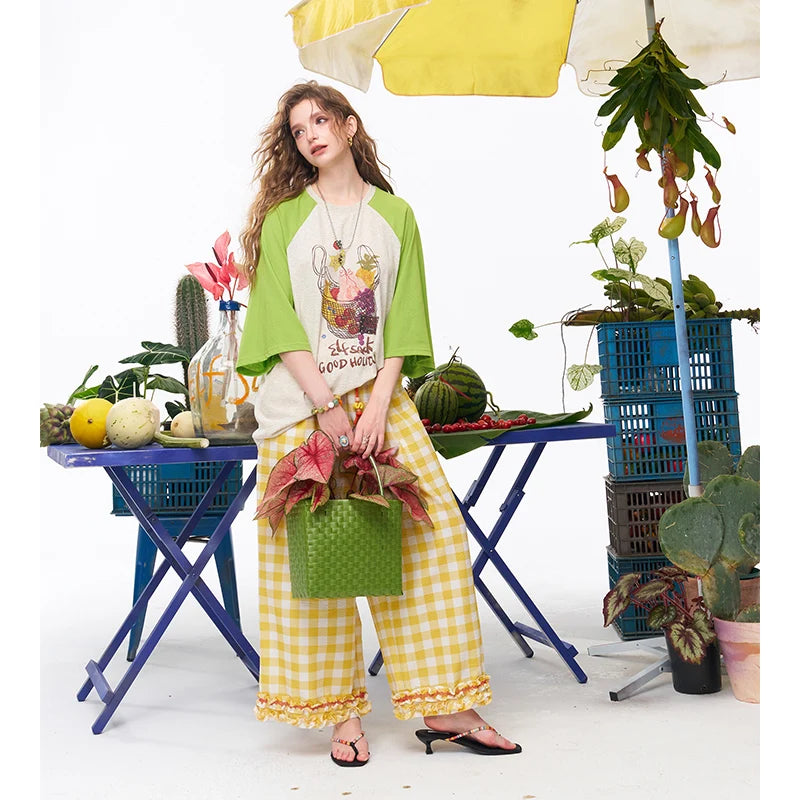 Women's Raglan 3/4 Sleeve T-Shirt with Fruit Basket Graphic Print, Color Block Loose Tee for Daily, Casual Oversized Top