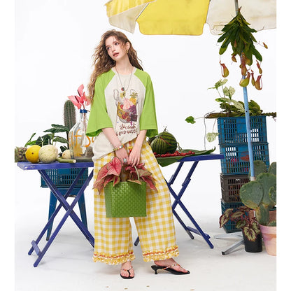 Women's Raglan 3/4 Sleeve T-Shirt with Fruit Basket Graphic Print, Color Block Loose Tee for Daily, Casual Oversized Top