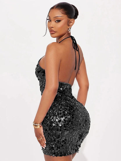 Sequins Halter Glitter Dress Women Y2K Sexy Low-Neck Sleeveless Bandage Coquette Midnight Party Club Skinny Bodycon