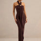 Women Halter Backless Maxi Dress Metal Buckle Decor Draped Sash Ruched Bodycon Long Dress Evening Party Wedding Dress