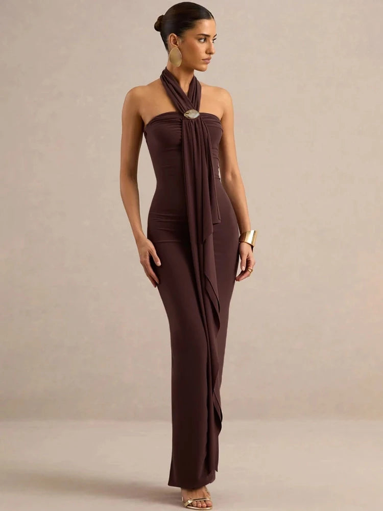Women Halter Backless Maxi Dress Metal Buckle Decor Draped Sash Ruched Bodycon Long Dress Evening Party Wedding Dress