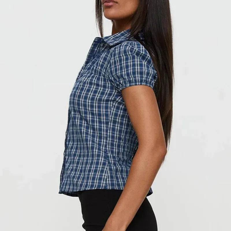 Women's Basic Button Down Shirts Cap Sleeve Lapel Collar Tight Blouse Tie Up Back Slim Fit Tops Summer Office Shir