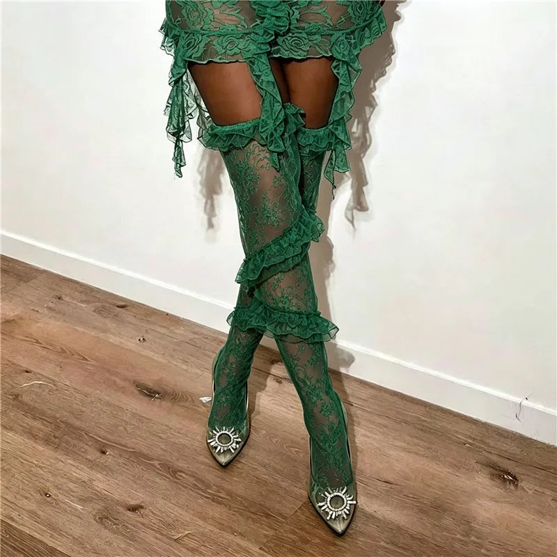 Halloween Women Floral Lace Thigh High Socks Multi Tier Ruffle Sheer Mesh Over Knee Stockings Cosplay Party Hosiery