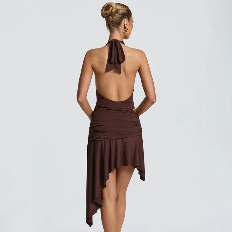 Halter Deep V Neck Backless Asymmetric Mini Dress with Ruched Handkerchief Hem Sexy Party Dresses