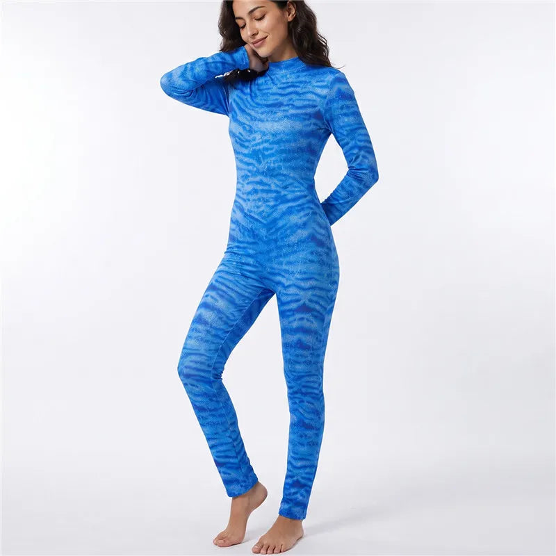 Skinny Jumpsuit Women Blue Tiger Print High Neck Long Sleeve Bodysuit Avatar Cosplay Costume Club Halloween Party Outfit
