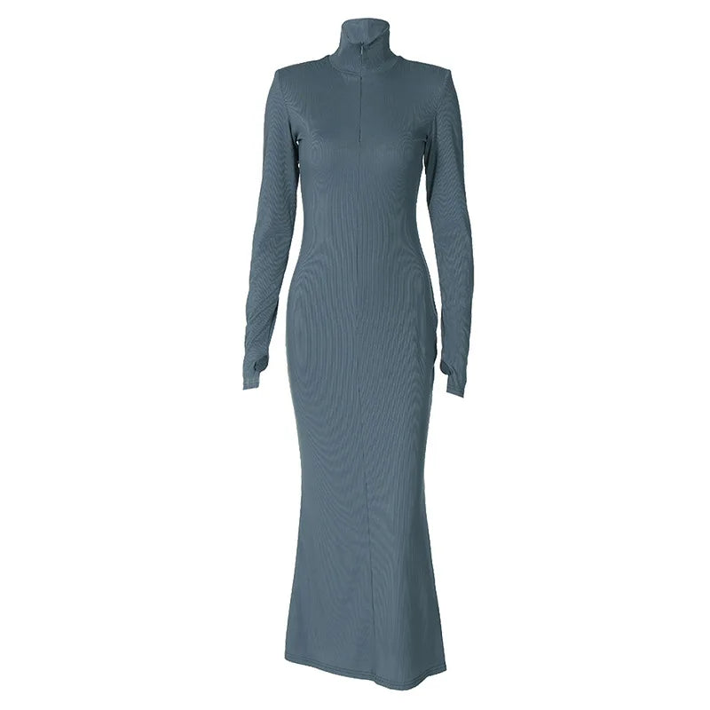 Zipper Turtleneck Long Dresses for Women Elegant Fashion Autumn Winter Outfits Ribbed-knit Long Sleeve Dress