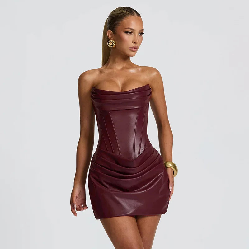 PU Leather Strapless Bodycon Dress Low Cut Fishbone Corset Pleated Mini Dresses Sexy Outfits Women Club Wear
