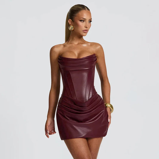 PU Leather Strapless Bodycon Dress Low Cut Fishbone Corset Pleated Mini Dresses Sexy Outfits Women Club Wear