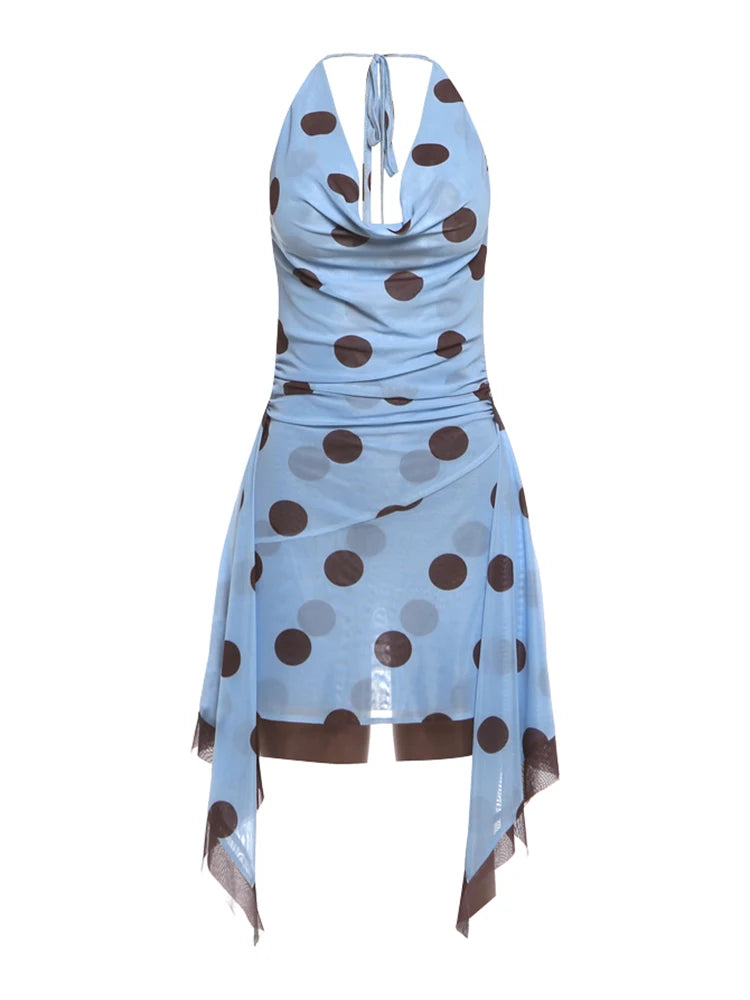 Backless Swing Collar Dress Women Sexy Polka Dot Print Halter Sleeveless Irregular Hem Trend Vacation Party Bodycon